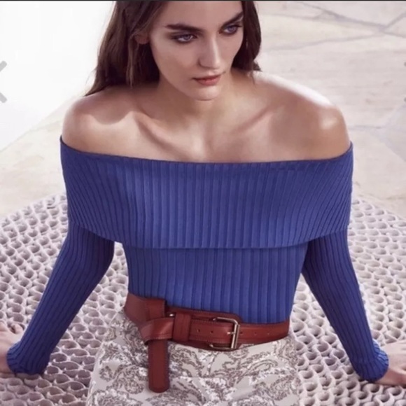 BCBGMaxAzria Blue Off-the-Shoulder Elegant Stretchy Sweater Size XXS - Picture 10 of 17